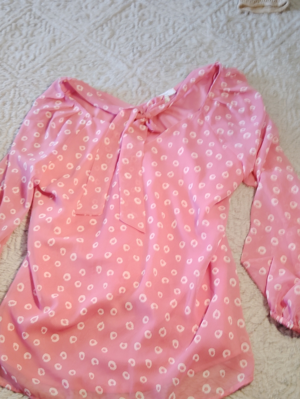 Nine West Pink Tie-Neck Blouse with White Dot Print